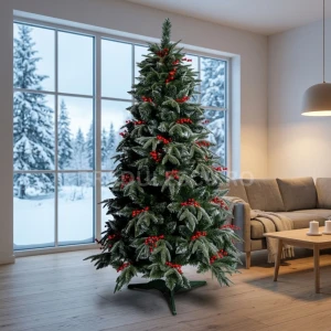 Brad Artificial Emerald 180 cm, cu Vârfuri Ninse și Bobițe Roșii Decorative